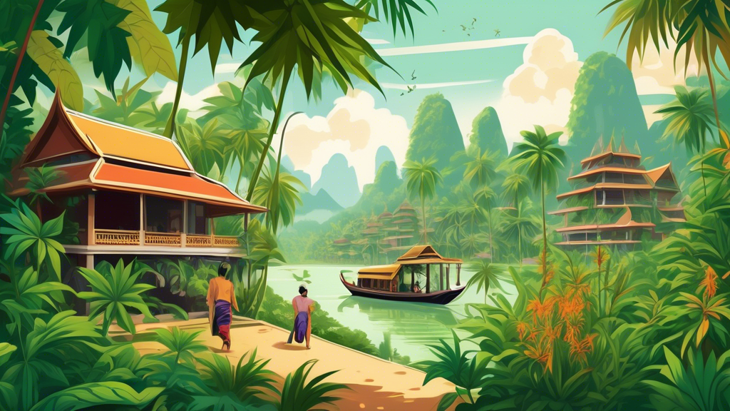 Create an image depicting a serene scene in Thailand, where lush greenery and traditional Thai architecture blend seamlessly with cannabis plants subtly integrated into the landscape. Local Thai peopl