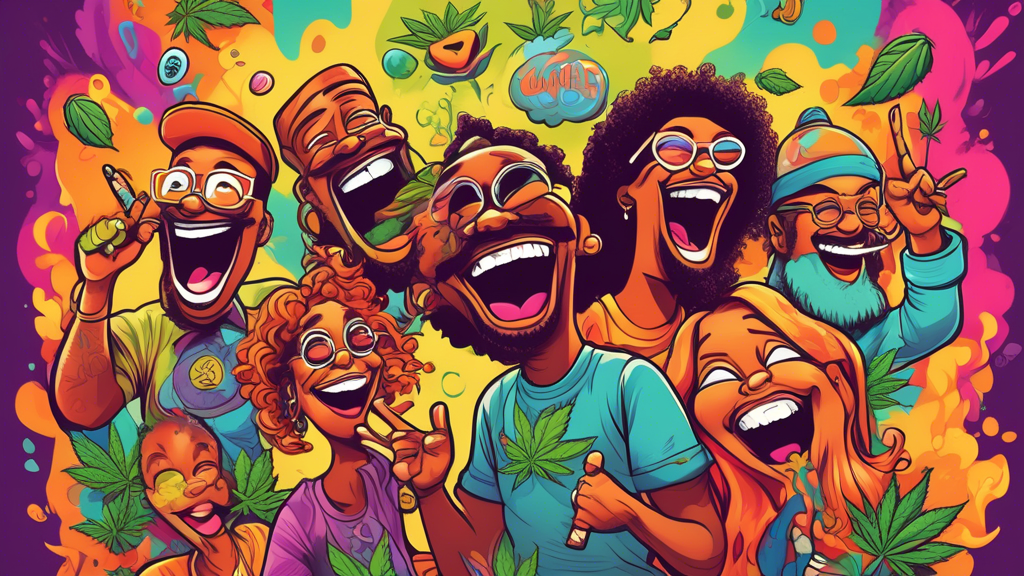 Create a vibrant, humorous illustration featuring a group of diverse cartoon characters laughing and sharing marijuana-related jokes. The scene should include playful elements such as exaggerated join