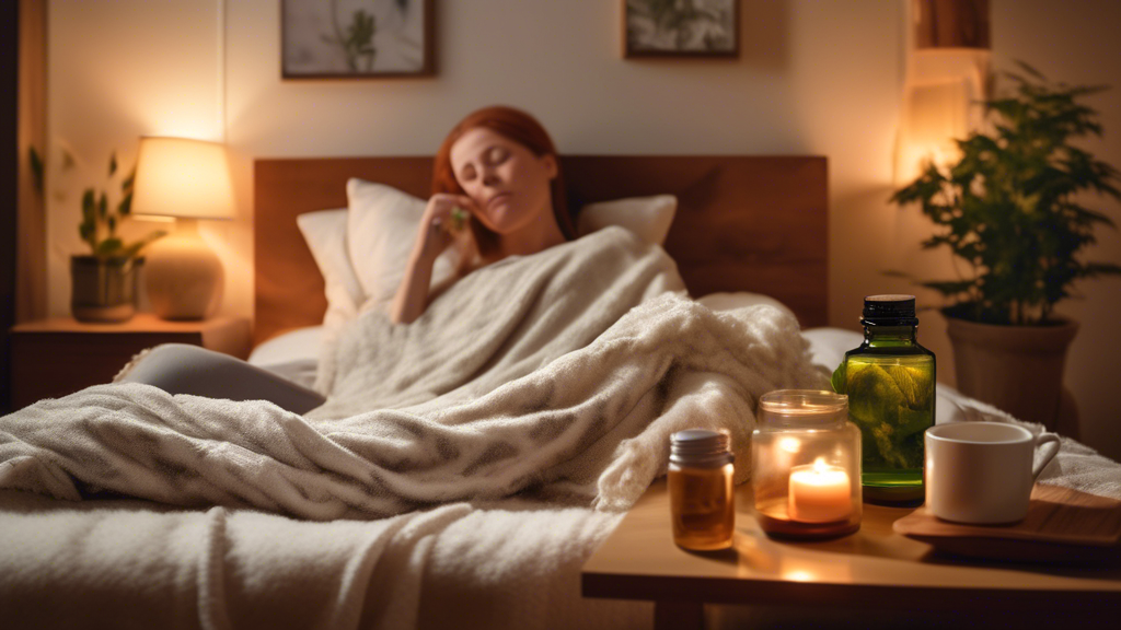 Create an image of a serene, comforting scene featuring a person in a cozy room with soft blankets, aromatherapy diffusers emitting soothing scents, and a cup of herbal tea on a bedside table. The per