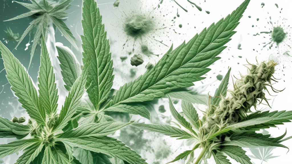 A highly detailed image of marijuana leaves and buds covered with a mysterious white powder, magnified to show texture and details. Background elements include a laboratory setting with scientists ana