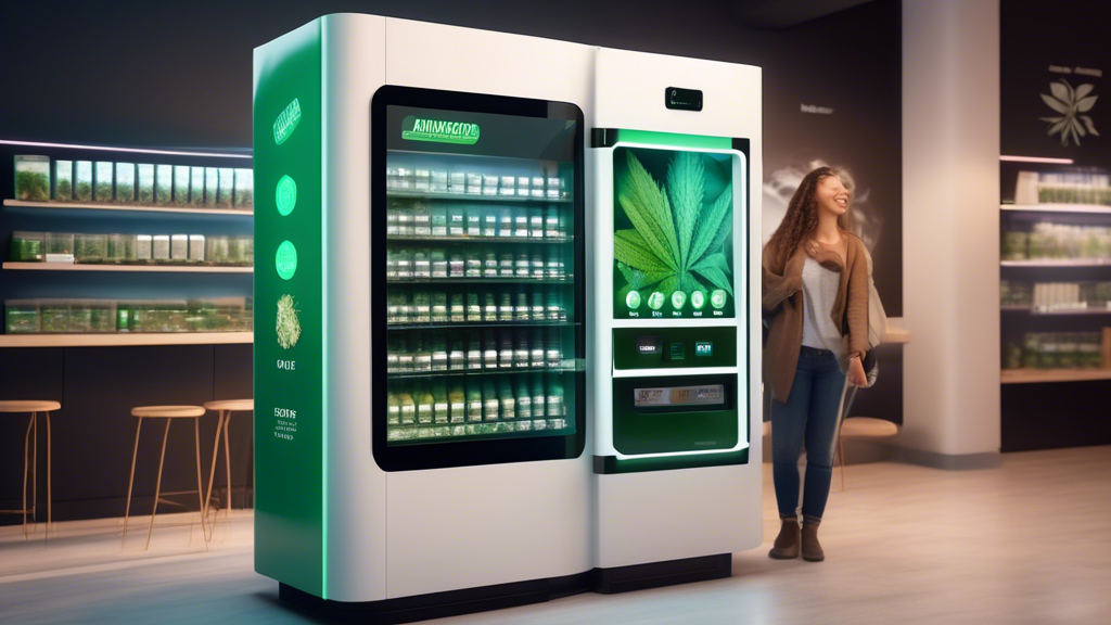 Create an image of a sleek, futuristic marijuana vending machine located in a modern, well-lit dispensary. The machine displays a variety of cannabis products, including buds, edibles, and vape cartri