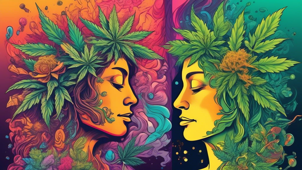 Create a detailed illustration depicting the dual nature of marijuana, showcasing its effects as both an upper and a downer. On one side of the image, display vibrant, energetic visuals with bright co