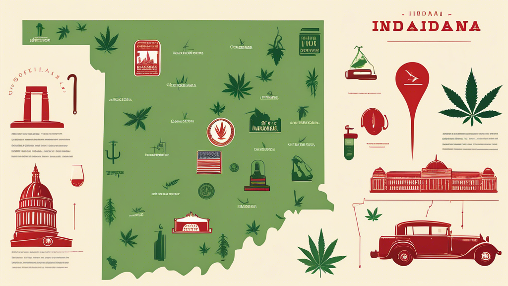 Create an informative and detailed illustration showing a map of Indiana with prominent landmarks and icons representing key marijuana laws. Use clear labels and symbols, such as a cannabis leaf with 