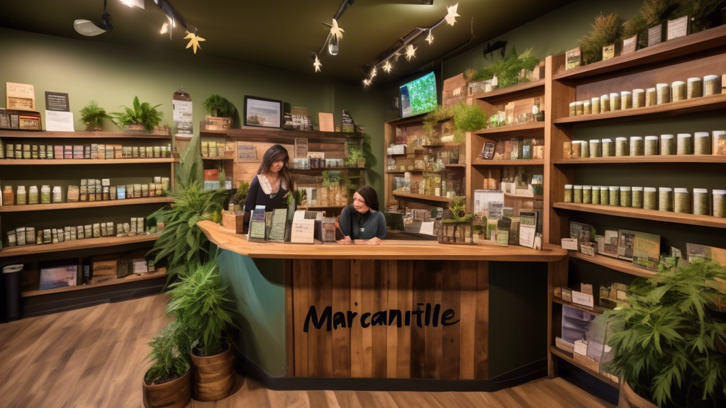 A cozy, well-lit mercantile store adorned with rustic wooden shelves lined with various types of marijuana products, including flowers, edibles, and oils. Friendly staff members engage with customers,