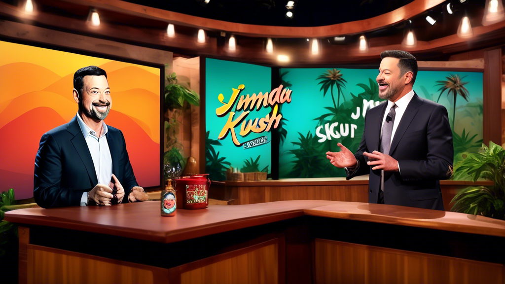 Create an image of a lively television set during a late-night talk show, with Jimmy Kimmel enthusiastically discussing the Kamala Kush cannabis strain. The background should include a vibrant studio 