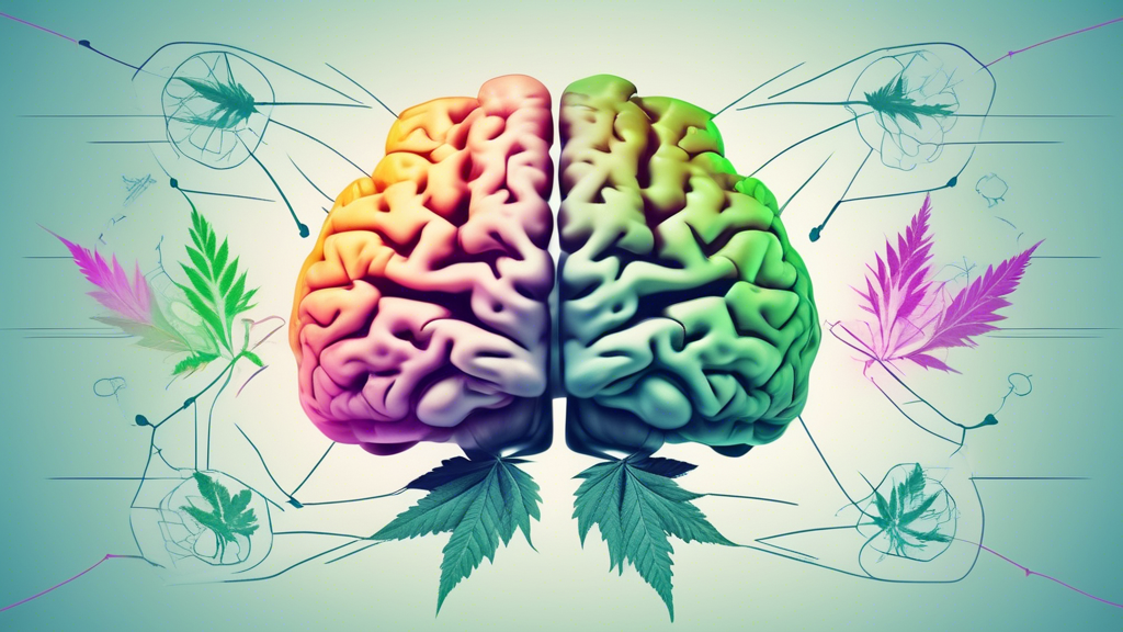 Create an image of a human brain with a marijuana leaf overlayed. Different areas of the brain should be highlighted in various colors to indicate the impact on different cognitive functions. Include 