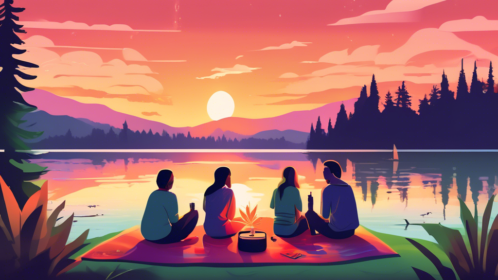 Create an image of a serene lakeside scene at Lake Stevens during sunset, with subtle elements suggesting recreational marijuana use. Include a small group of friends sitting on a blanket, laughing an