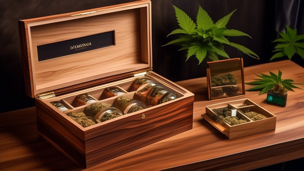 Create an image of a stylish, modern marijuana humidor with various compartments for cannabis storage. The humidor should be made from rich wood and glass, showcasing an elegant and sophisticated desi