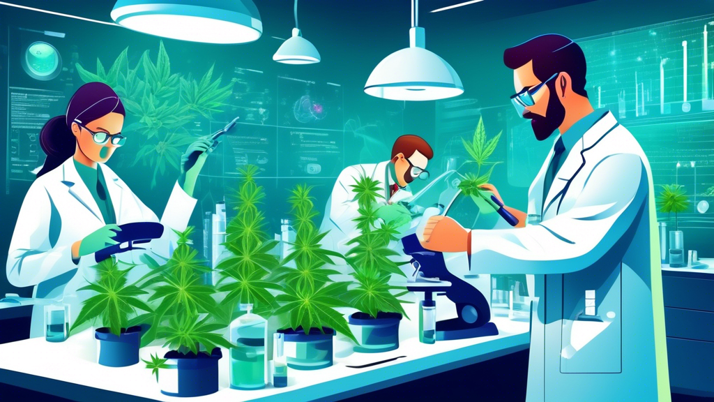 Create an image of a modern laboratory with scientists in white coats conducting research on marijuana plants. Include high-tech equipment and clear visual elements such as test tubes, beakers, and co