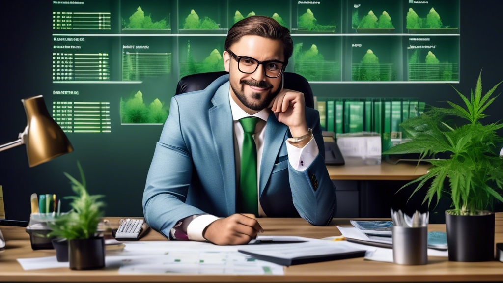 Create an image showing a confident bank manager in a modern office, reviewing positive financial charts and reports labeled Cannabis Industry. Around the manager, highlight elements suggesting the ca