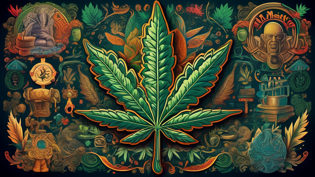 A detailed, artistic rendering of a marijuana leaf surrounded by various cultural and historical symbols related to its use. The background features a blend of colors representing the diversity of opi