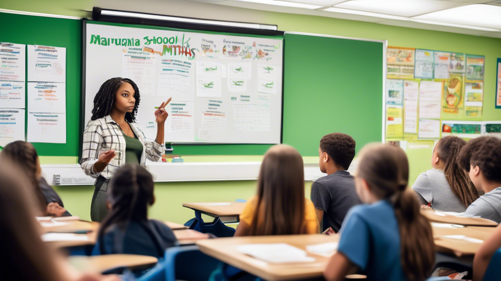 A classroom setting with a teacher at the front, explaining information about marijuana to attentive high school students. The teacher points to a well-organized chart on the whiteboard that includes 