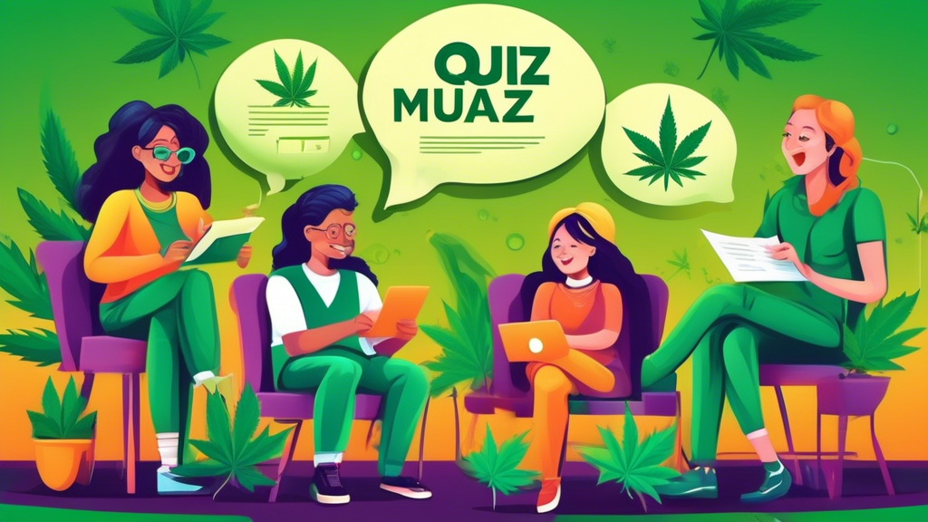 Create a captivating image that depicts a vibrant and dynamic quiz setting themed around marijuana knowledge. The scene features a diverse group of enthusiastic people, both young and old, engaged in 