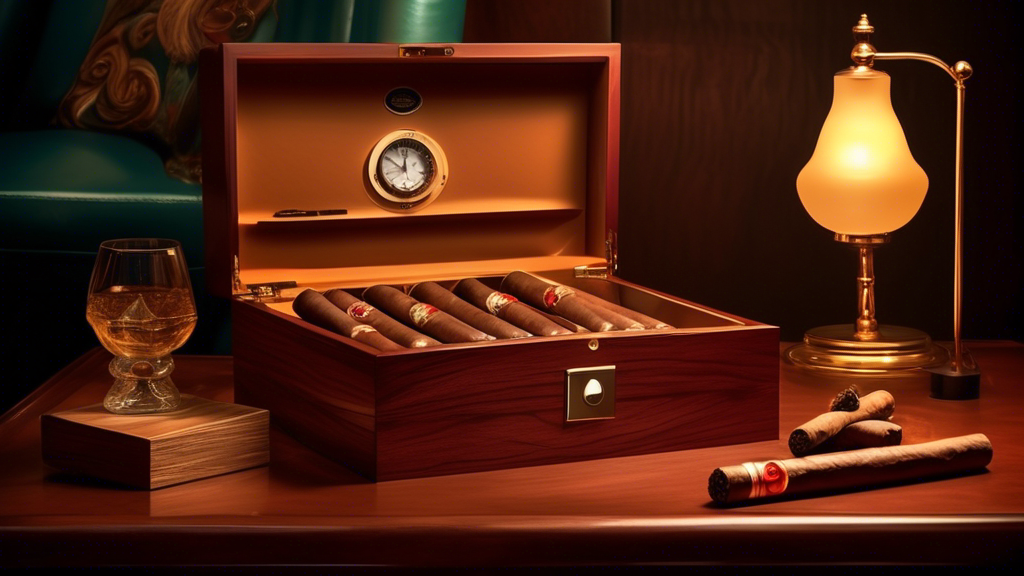 An elegant wooden humidor preserving a collection of premium cigars, with a golden hygrometer on the front, set against a backdrop of a cozy gentleman's lounge with leather chairs and dim lighting.