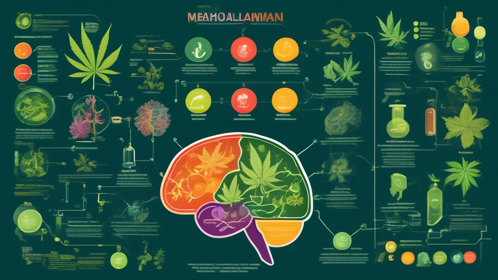 Create an illustrative chart depicting the metabolism of marijuana in the human body. Show the process from intake to the breakdown into various metabolites, with labels identifying each major stage a