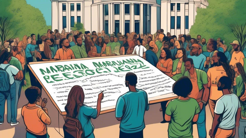 Create an image depicting a diverse group of people gathered around a large U.S. government building, such as the DEA headquarters, while holding signs and sharing opinions about marijuana reschedulin