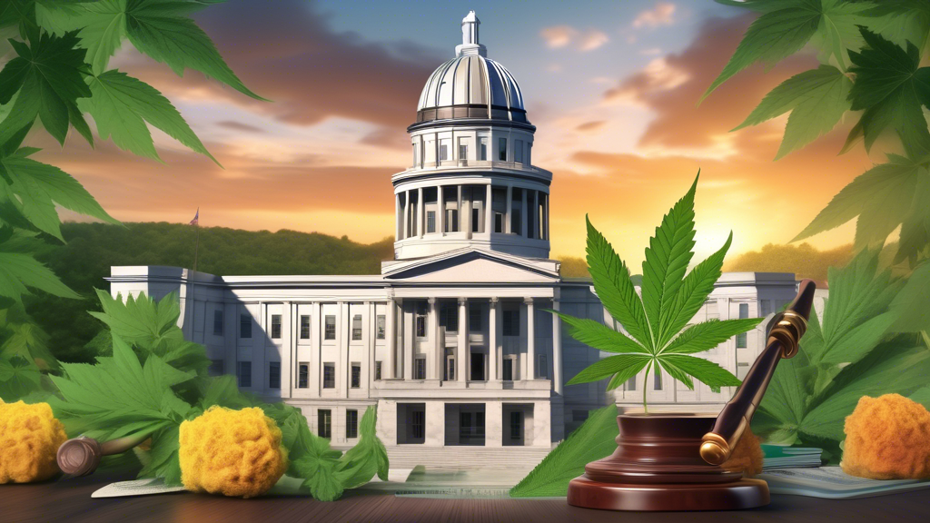 A realistic digital illustration of the Kentucky state capitol building, with the American and Kentucky flags raised high. In the foreground, prominent symbols of marijuana legislation: a gavel and sc