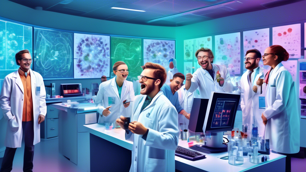 A photorealistic image depicting a group of scientists in a modern laboratory, celebrating around a computer displaying successful Phase 2A clinical trial results. The screen highlights positive data 