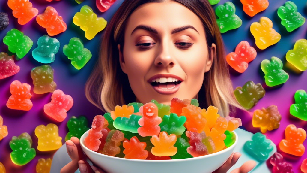 Create an image featuring a person holding a bowl of colorful marijuana-infused gummies with a questioning expression on their face. The background should include subtle imagery related to weight loss