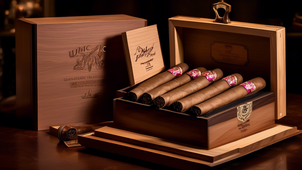 Create an image of a sophisticated display of Drew Estate Liga Privada Unico Serie Pancetta cigars presented in an elegant, dimly lit humidor. The cigars should be artfully arranged, with their luxuri