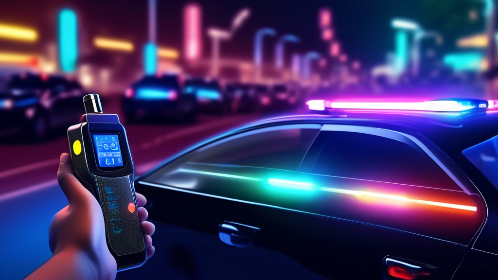 Create an image depicting a cutting-edge marijuana breathalyzer device in action. The scene shows a futuristic, sleek-looking breathalyzer being used by a police officer during a routine traffic stop 