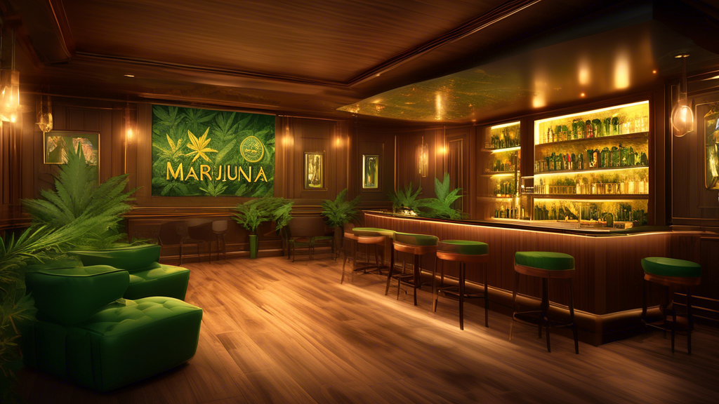 Create an image of a high-end cannabis lounge with elegant wooden furnishings, ambient golden lighting, and a stylish display of premium marijuana products labeled 'Marijuana XO'. Include sophisticate