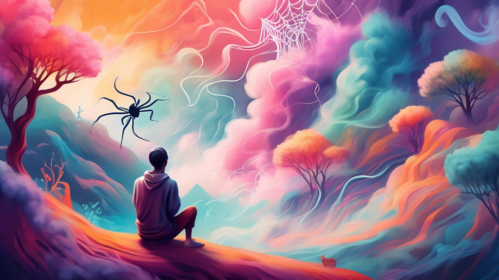 Create an image depicting a serene scene where a person is sitting relaxed in an artistic, dreamlike landscape filled with winding trails of colorful smoke. The person appears calm and contemplative, 