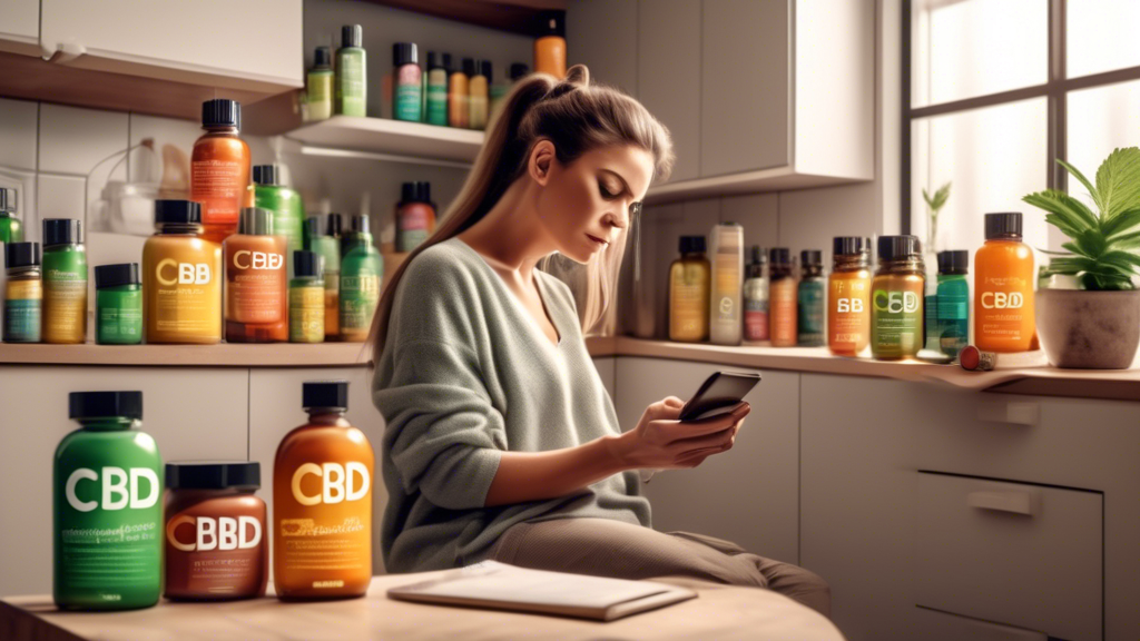 Create an image that depicts a variety of CBD product bottles and packages with misleading labels, surrounding a frustrated consumer reading an article on mislabelled CBD products. The scene should be