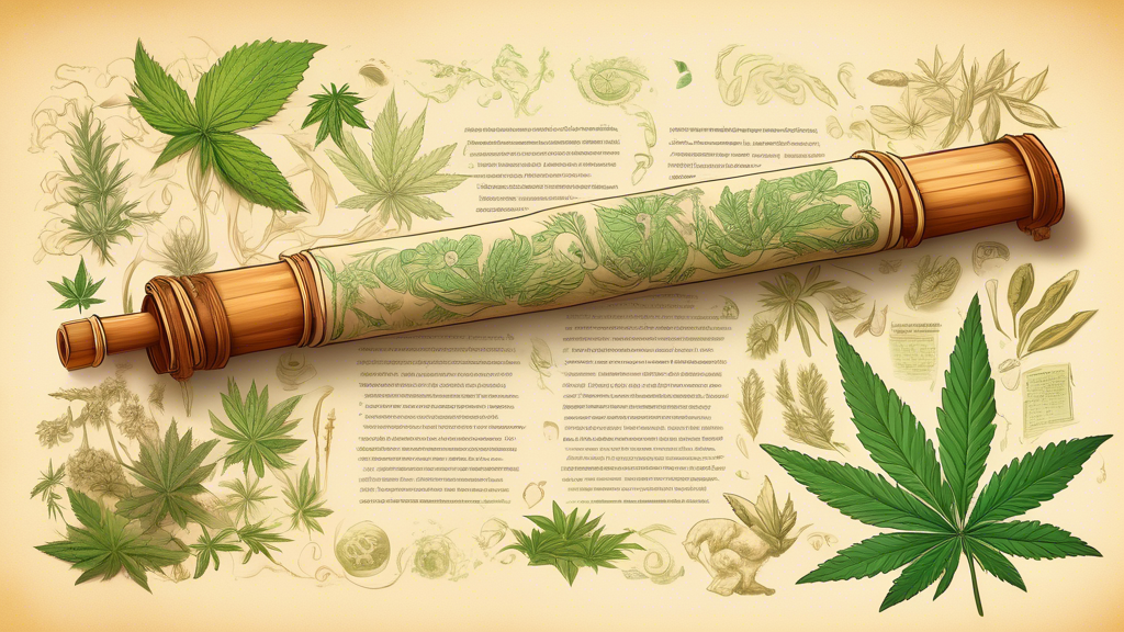 Create an illustration of an ancient Ayurvedic scroll with detailed illustrations and texts, showing the medicinal uses of cannabis. Surround the scroll with traditional Ayurvedic herbs, ancient India