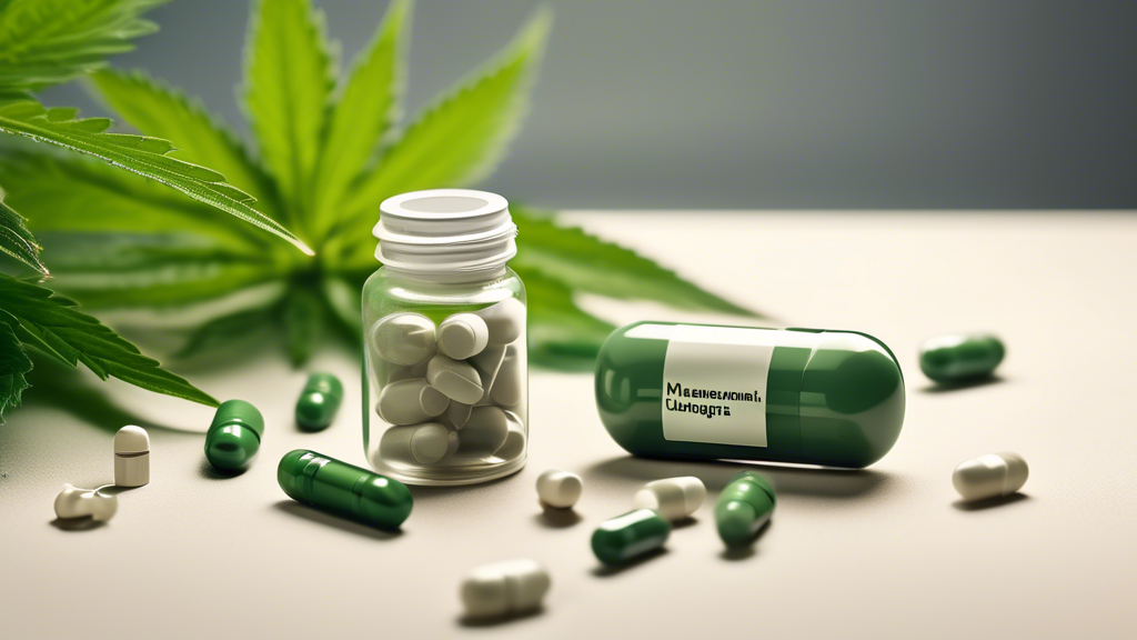 Create an image of a close-up view of a small pill bottle labeled Marijuana Capsules alongside green cannabis leaves and a few scattered capsules. The background should be a calming, neutral color, li