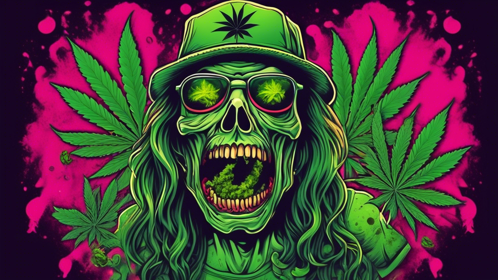 Create a vibrant and eye-catching image of a trendy t-shirt with a unique 'marijuana zombie' design. The t-shirt should feature a cool and slightly humorous zombie character with cannabis-themed eleme