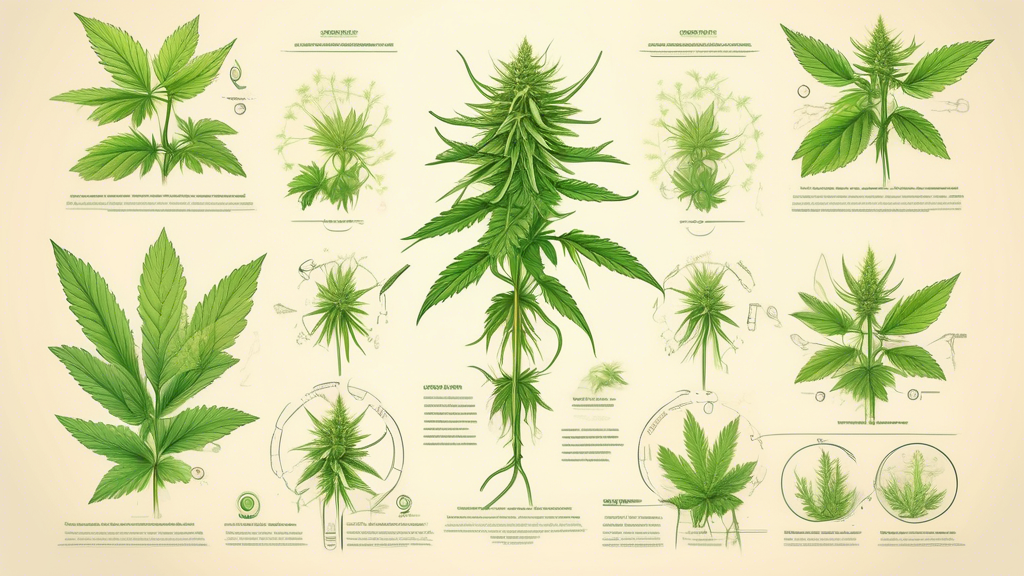 Create a detailed illustration of a marijuana plant in various stages of growth, with clear labels and descriptions for each part, including the roots, stems, leaves, buds, and trichomes. Include a sc