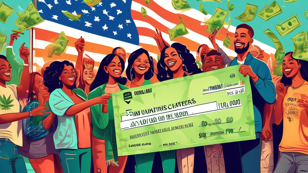 A vibrant and celebratory scene featuring a large donation check from RAW Rolling Papers with $50,000 clearly visible, being handed to representatives of NORML against a backdrop of cannabis leaves an