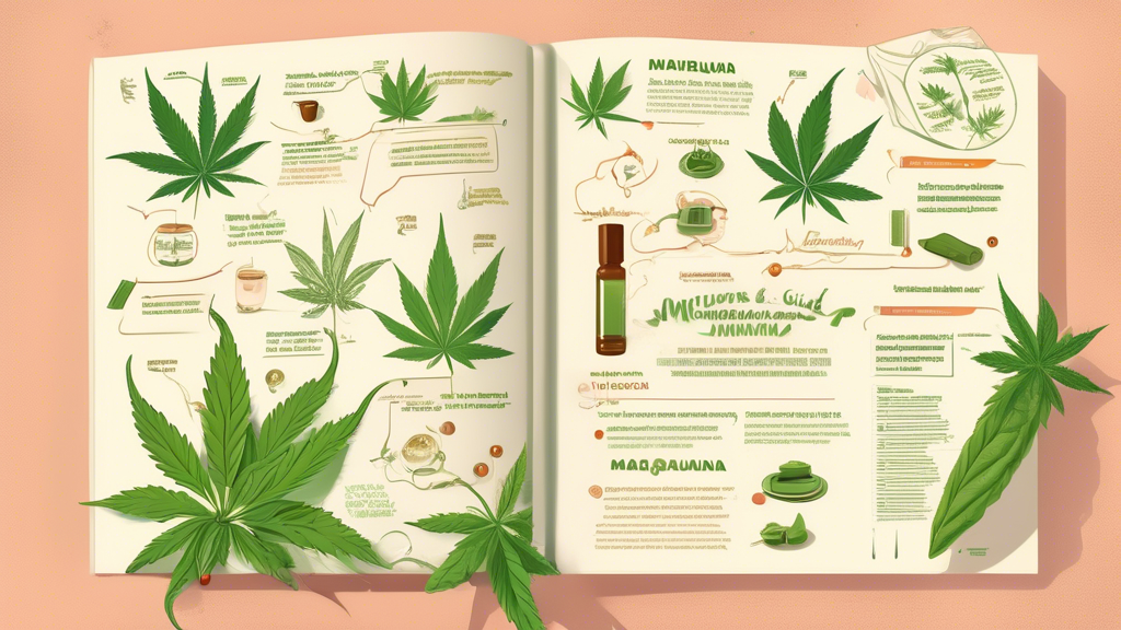 Create a detailed illustration of a beginner’s guide to marijuana, featuring a friendly and inviting layout that includes key elements such as a cannabis leaf, different strains of marijuana, methods 