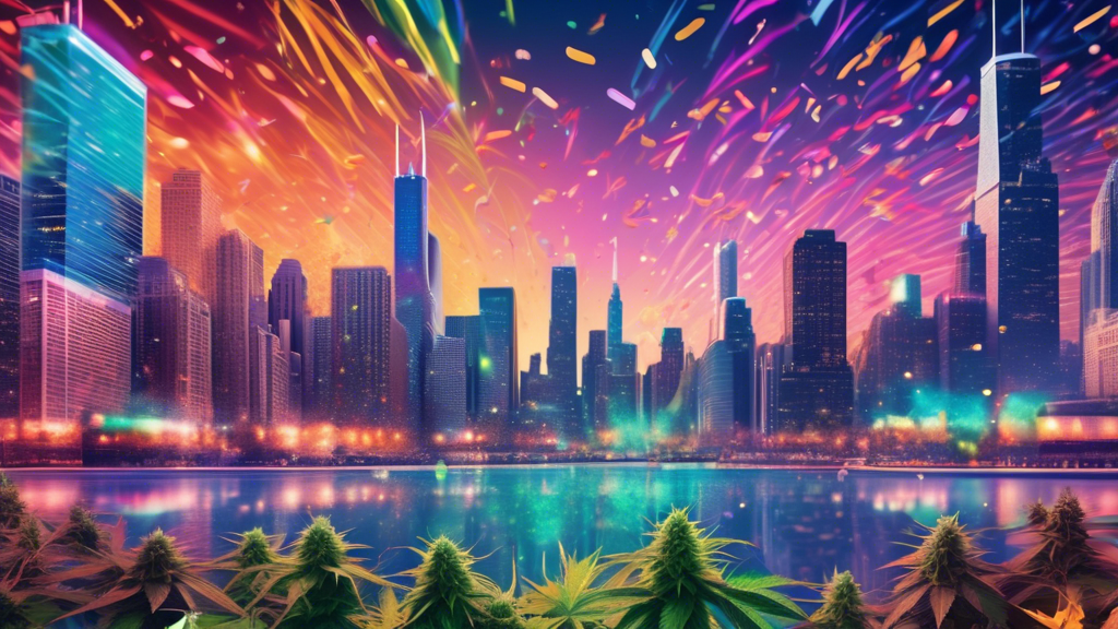 Create an image of a futuristic downtown Chicago skyline with prominent billboards and digital screens celebrating the milestone of $1 billion in cannabis sales for 2024. Incorporate imagery of cannab