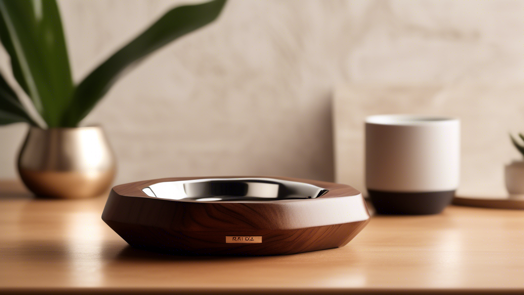 A sleek and modern Palió Small Cup Ashtray resting elegantly on a polished wooden table, with subtle light highlighting its minimalist design. The background features a stylish, cozy living room setti