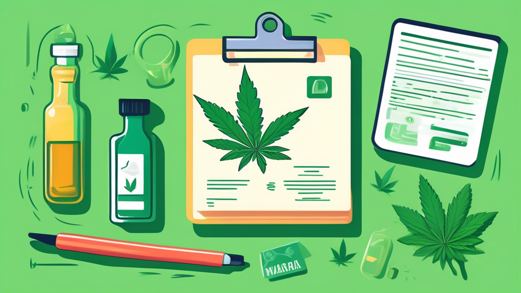 Create an educational illustration that depicts the basics of marijuana, featuring elements like cannabis leaves, a dropper bottle of CBD oil, a small diagram of the cannabis plant, and a clipboard wi