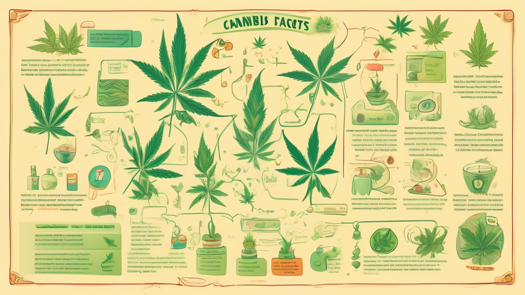 An illustrated encyclopedia page showing fun and unknown facts about Cannabis, including a plant diagram and trivia icons, all in a whimsical, animated style.