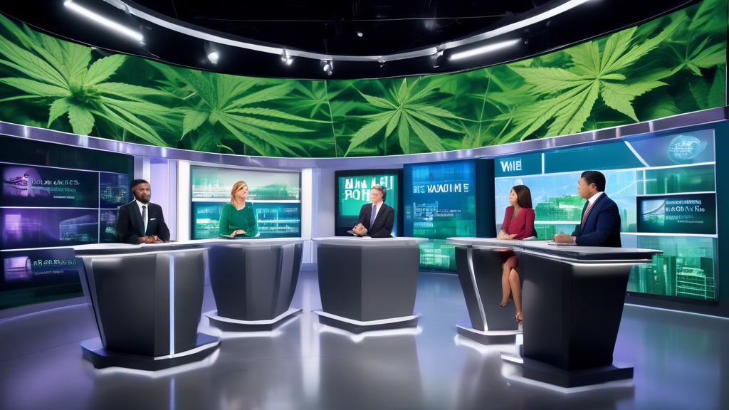 /imagine prompt: A sophisticated news studio with a futuristic twist, featuring smart screens displaying key headlines about marijuana in 2024. The anchors, diverse in ethnicity, are discussing the la