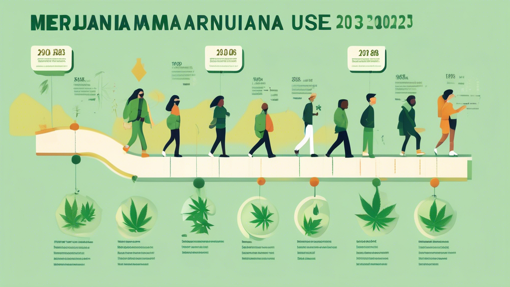 An infographic-style illustration depicting a timeline from 2013 to 2023 showing stable rates of marijuana use among youth. The timeline is adorned with icons representing each year, youth silhouettes