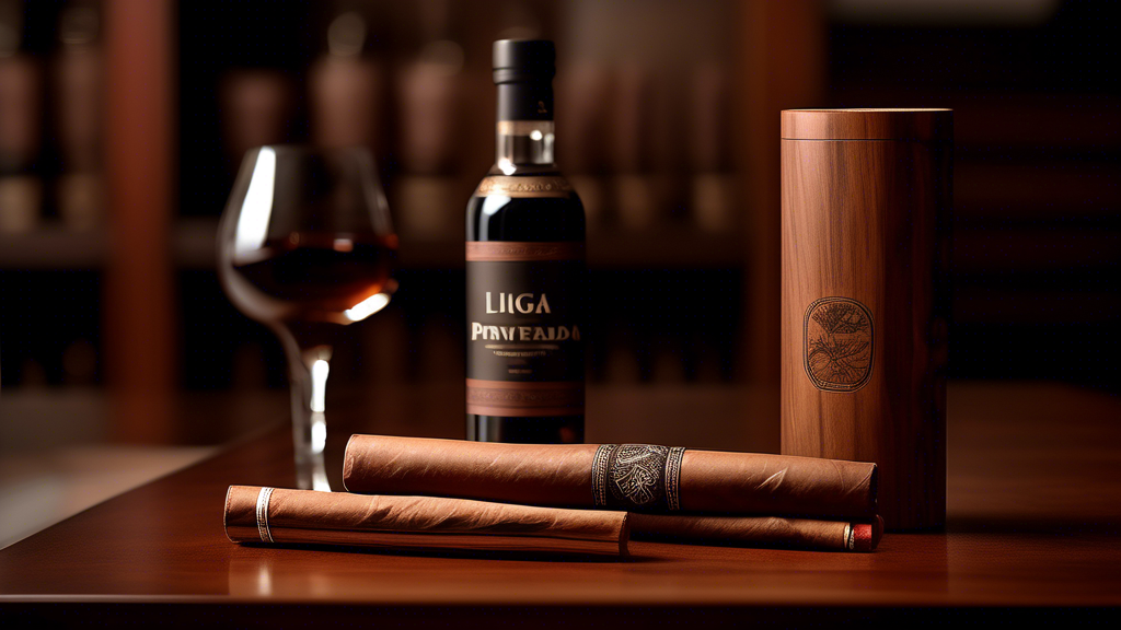 Create an image showcasing the Liga Privada Único Serie Pancetta cigars prominently featured in an elegant, upscale setting. The cigars should be arranged in a luxurious wooden humidor with intricate 