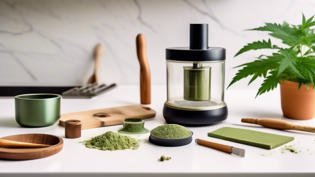 A detailed hand demonstrating the use of a marijuana kief press in a well-lit modern kitchen, with kief and pressing tools laid out on a clean countertop, emphasizing the steps in the process. The bac