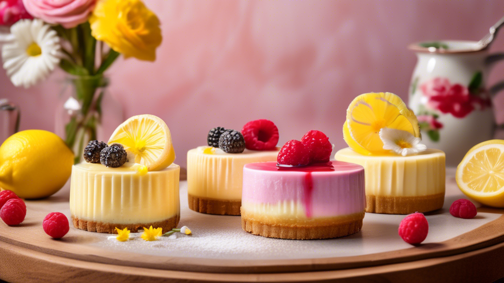 A vibrant display of assorted lemon cheesecakes on an elegant wooden table, featuring different styles and garnishes: one with a delicate lemon glaze, another topped with fresh lemon slices, one with 