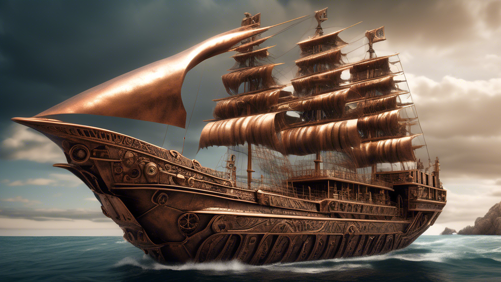 Create an image of a steampunk-inspired bronze ship with intricate gears and sails made of copper metal, set against a dramatic ocean backdrop. The ship should have a majestic and triumphant appearanc