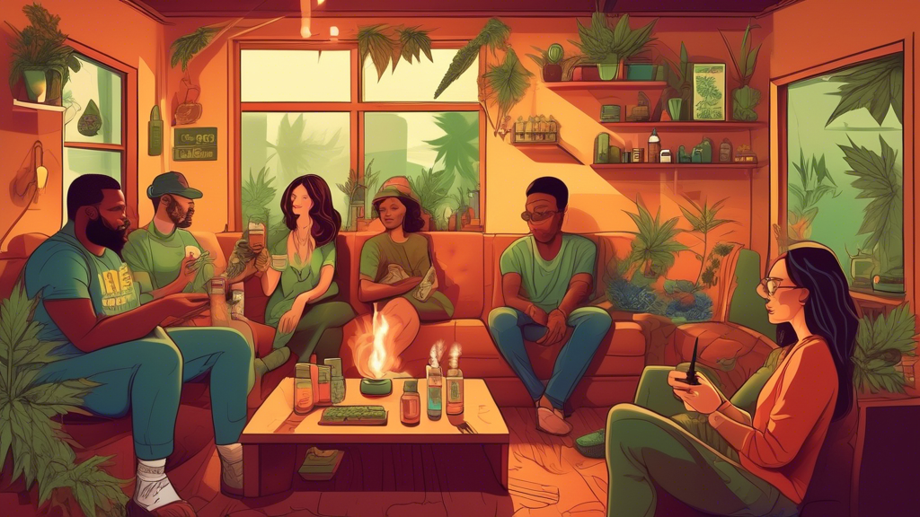 A detailed, informative illustration showcasing safe marijuana consumption practices. The image features a diverse group of adults in a cozy, relaxed environment, using various accessories such as a v