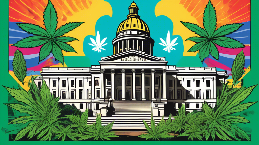 Create an image depicting the Louisiana state capitol building with a prominent Approved stamp in front. Include visual elements like industrial hemp plants growing nearby and various cannabis paraphe