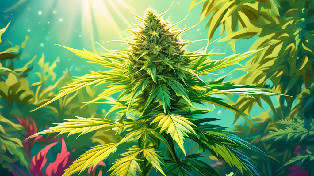 A vibrant and lush marijuana plant bathed in natural sunlight, showcasing intricate details of its leaves and buds, set against a serene background of a picturesque outdoor garden.