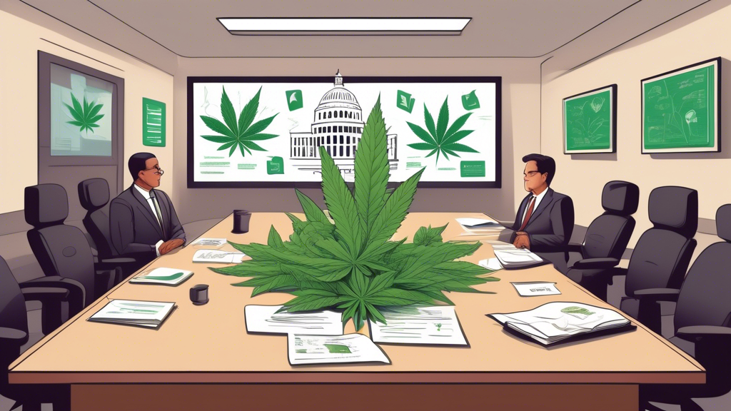 Create an illustration showing a formal conference room setting with FDA officials discussing the status and future of marijuana policy. Include visual elements such as a whiteboard with charts and no