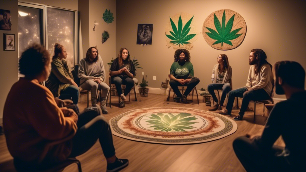 Create an image of a support group meeting for Marijuana Anonymous in District 4. The scene should be welcoming and comforting, with a diverse group of individuals sitting in a circle, sharing stories