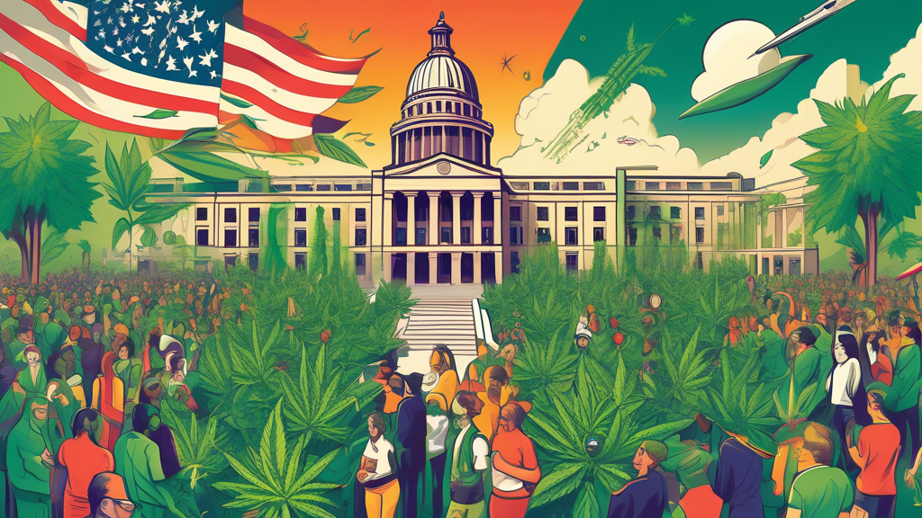 Create an image illustrating the current and potential future of marijuana laws in Texas. Show a split scene where one side depicts a legislative building with protestors holding signs related to mari